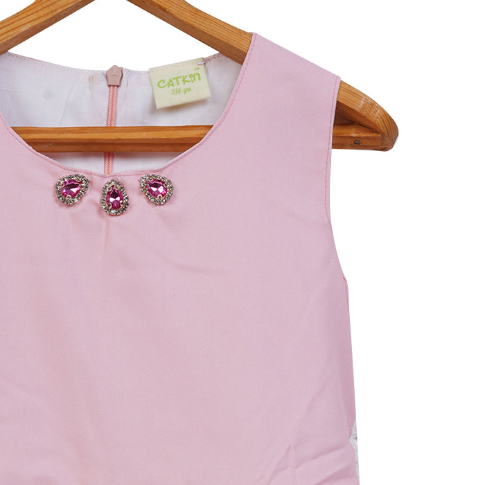GIRLS PINK PRINTED DRESS WITH STONE