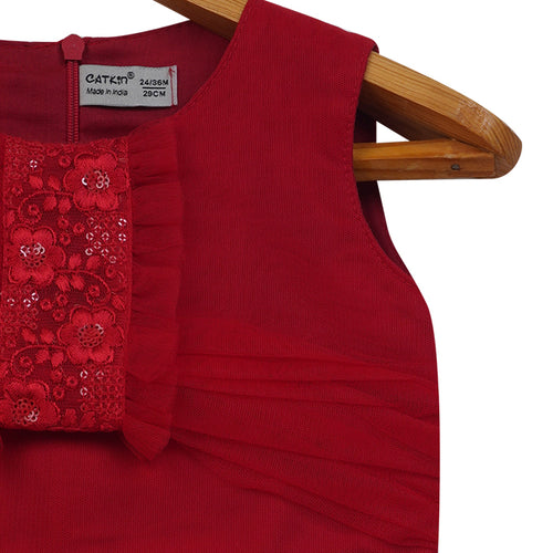 Girls Lace & Tulle Layered Dress – Red – PW2011