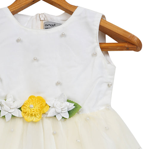 Girls Tulle Dress With Attached Pearls – White – PW2014