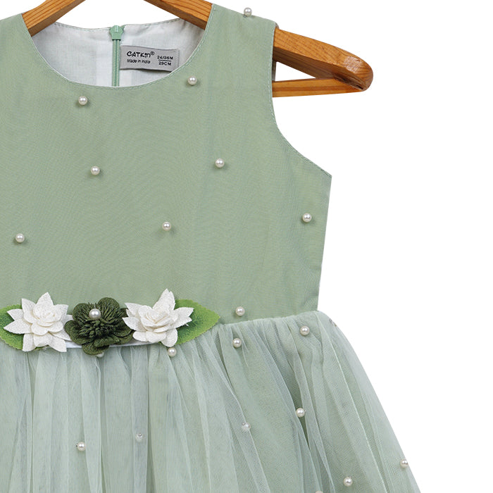 Girls Tulle Dress With Attached Pearls – Green – PW2014