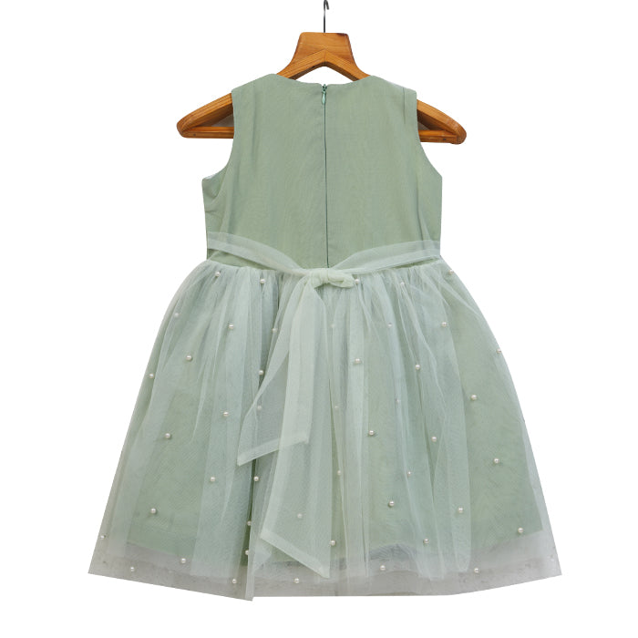 Girls Tulle Dress With Attached Pearls – Green – PW2014