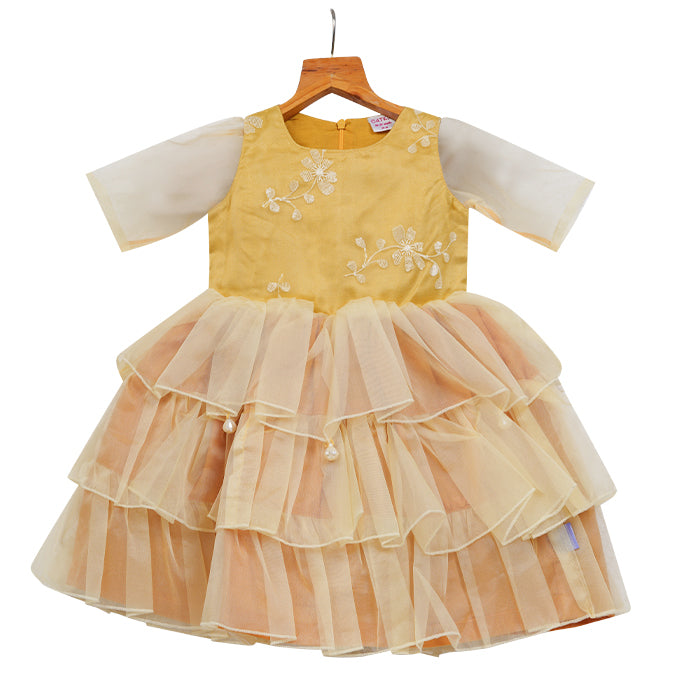 Girls Layered Organza Dress – Yellow