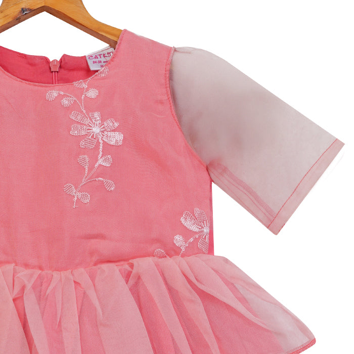 Girls Layered Organza Dress – Coral Pink