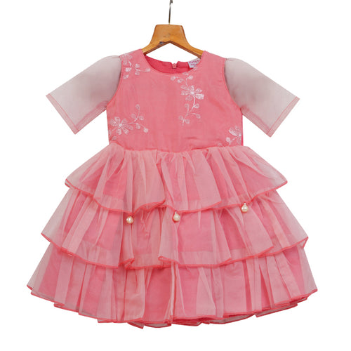 Girls Layered Organza Dress – Coral Pink