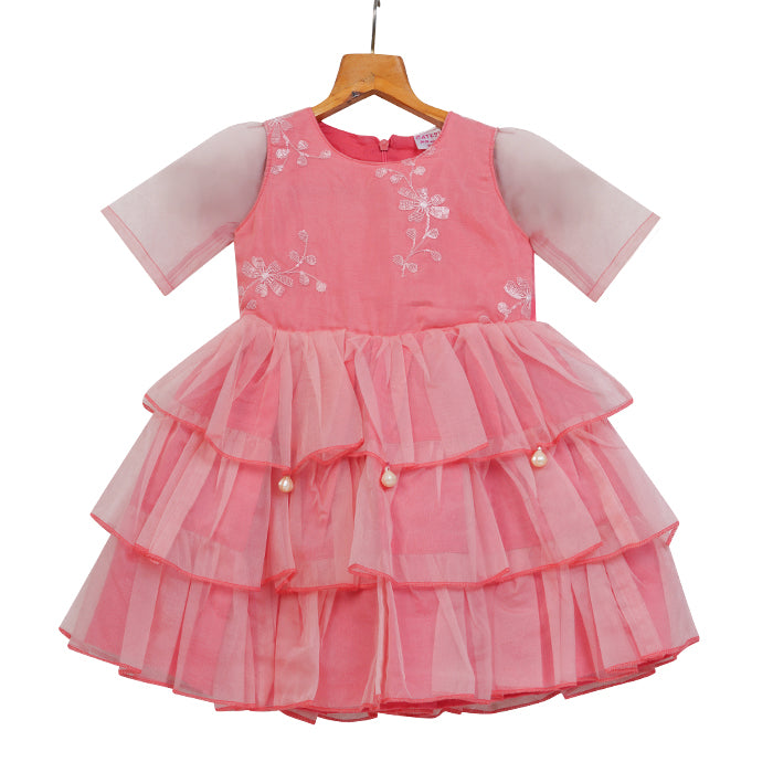 Girls Layered Organza Dress – Coral Pink