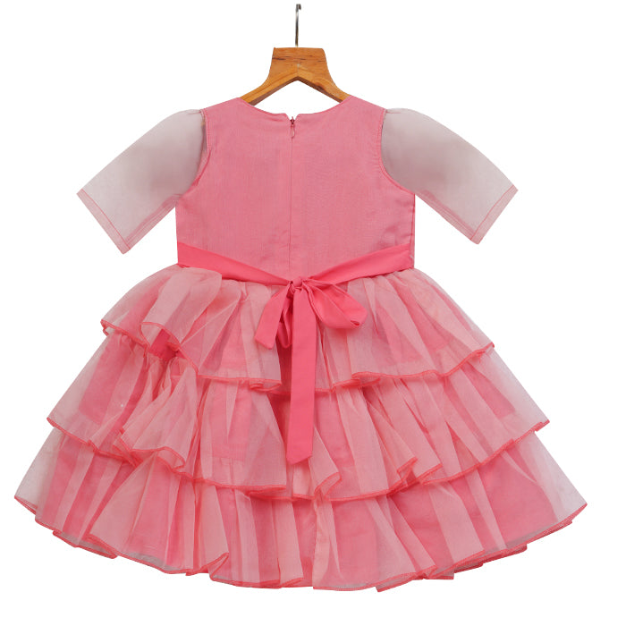 Girls Layered Organza Dress – Coral Pink