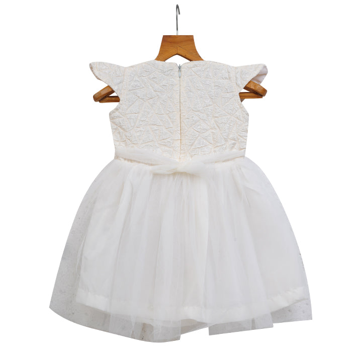 Girls Self Design Tulle Dress – White
