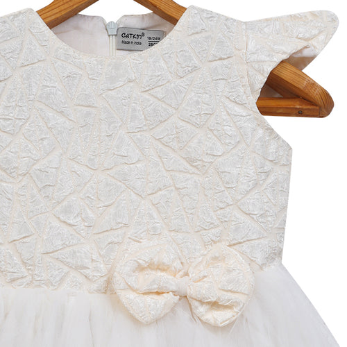 Girls Self Design Tulle Dress – White