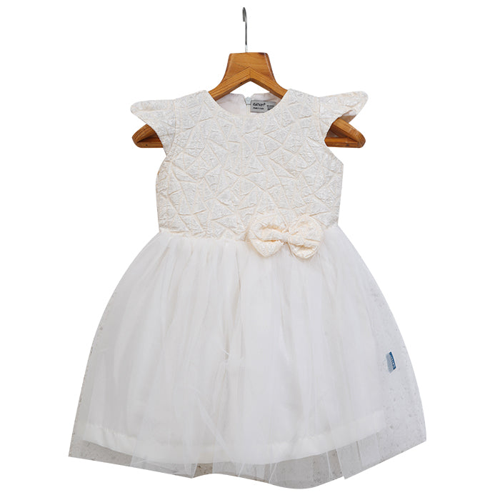 Girls Self Design Tulle Dress – White
