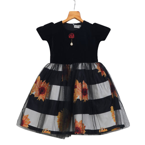GIRLS BLACK VELVET & PRINTED DRESS