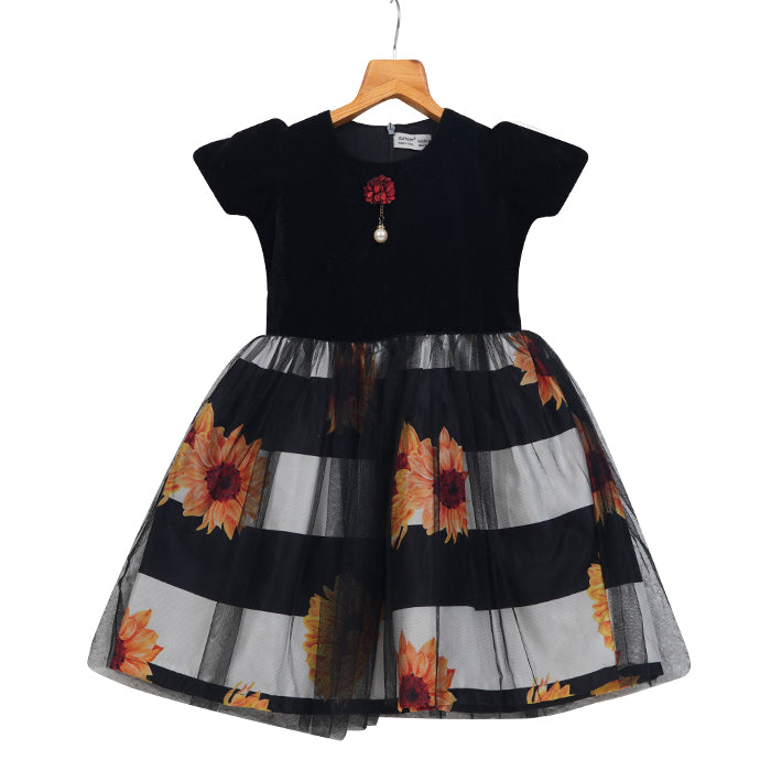 GIRLS BLACK VELVET & PRINTED DRESS