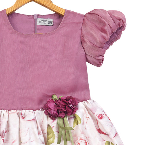 GIRLS PINK ORGANZA & PRINTED DRESS