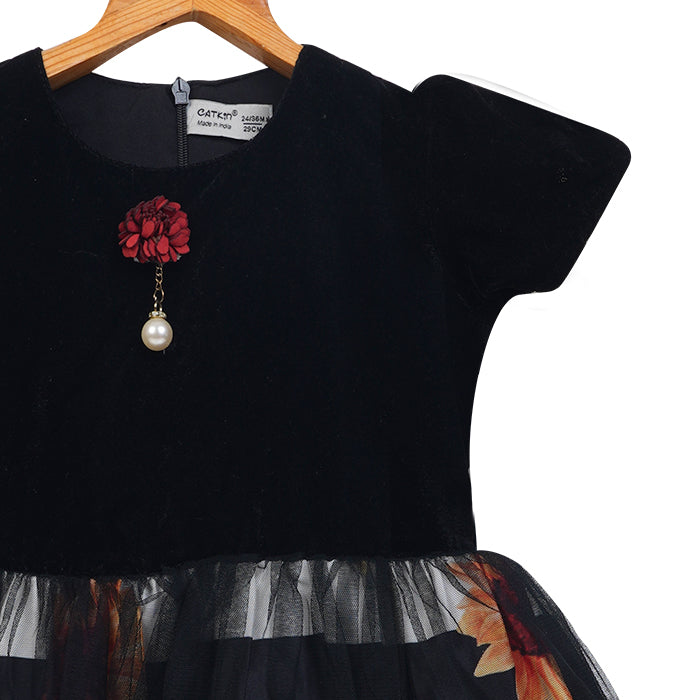 GIRLS BLACK VELVET & PRINTED DRESS