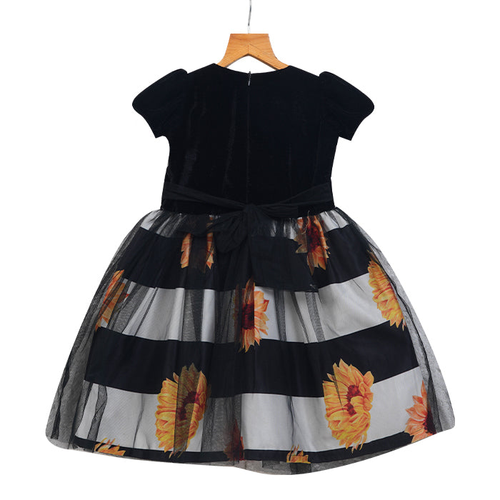 GIRLS BLACK VELVET & PRINTED DRESS
