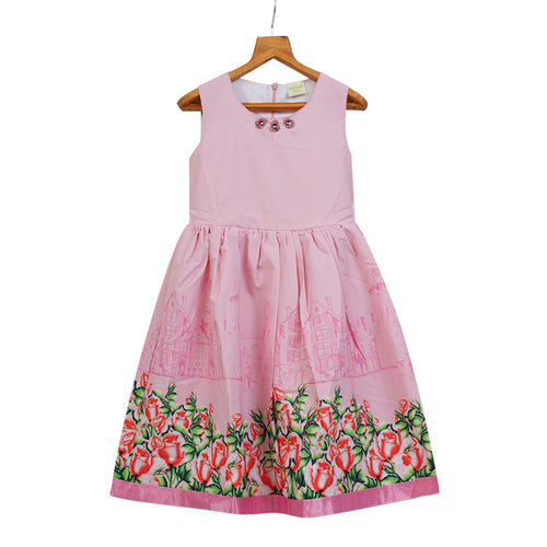 GIRLS PINK PRINTED DRESS WITH STONE