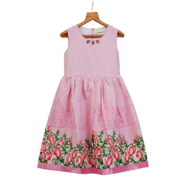 GIRLS PINK PRINTED DRESS WITH STONE