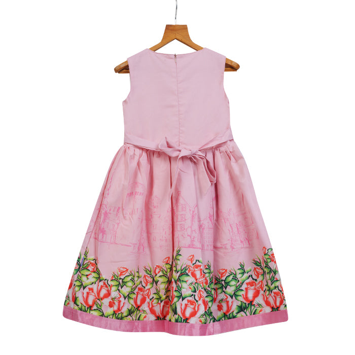 GIRLS PINK PRINTED DRESS WITH STONE