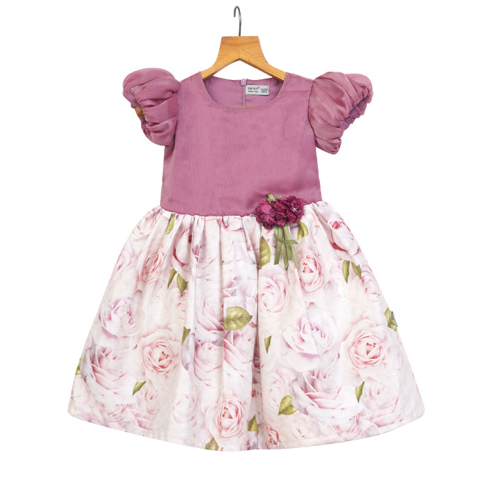 GIRLS PINK ORGANZA & PRINTED DRESS