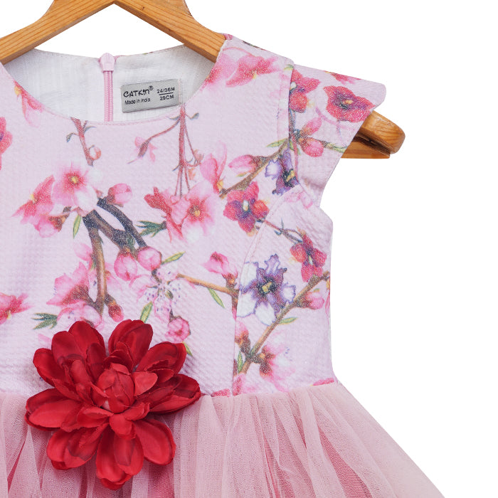 GIRLS PINK FLORAL PRINT SLEEVELESS DRESS